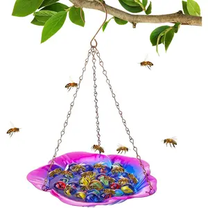 Bee Feeder with Vivid Hibiscus Design - Anti-Rust Iron Bee Watering Station for Feeding, Colorful Butterfly Bath Bowl Bee Cups with 30 Glass Marbles for Outdoor Yard Garden Decor Gifts (Purple)