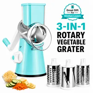 MIUVA 3-in-1 Rotary Cheese Grater with Hand Crank, Interchangeable Stainless Steel Drum Blades, Strong Suction Base, Easy-to-Use Vegetable Slicer Shredder Grater for Cheese, Potatoes, Carrots, Cucumbers