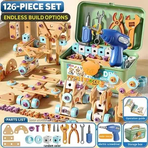 126Piece STEM Building Blocks Toy Set for Kids 3+ Wooden Construction Tool Kit with Electric Screwdriver Wrenches Pliers Storage Box Educational DIY Pretend Play Toy