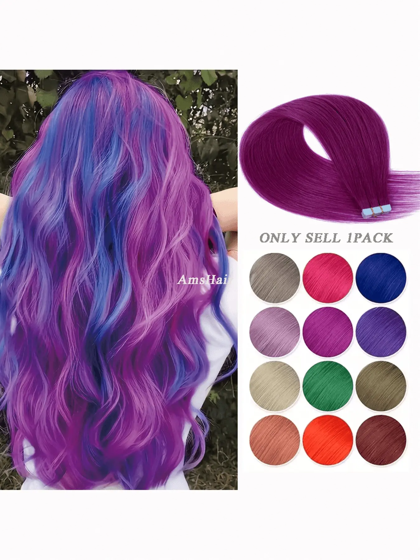 10 Pieces Double-Sided Invisible Seamless Tape-In Human Hair Extensions – Natural Straight Style Available in Violet, Dark Blue, Dusty Pink and Lime Green