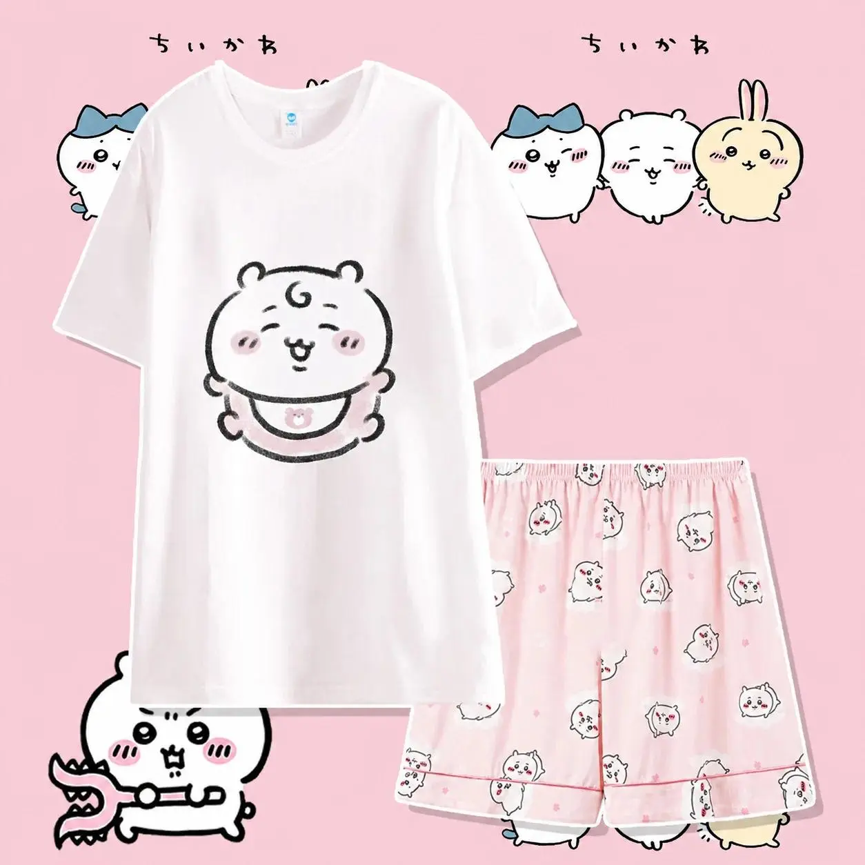 2Pcs Anime Chiikawa Pajama Set Usagi Homewear Hachiware Round Neck Tops and Pants Set Cute Cartoon Household Clothes Set Gift