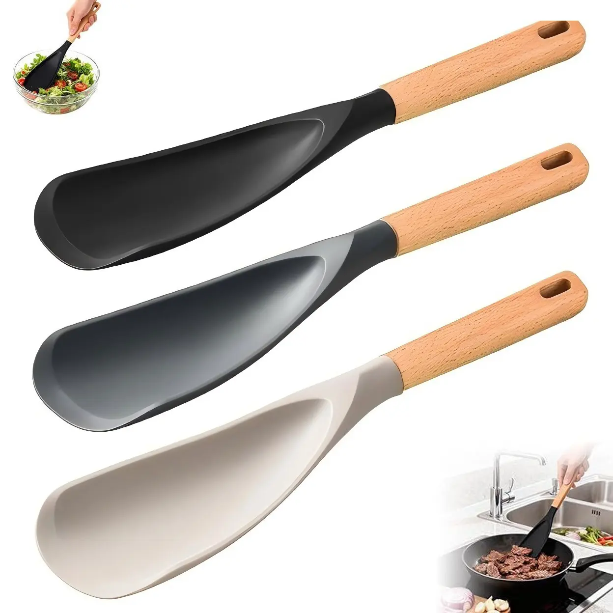 Non-Stick Cookware Spoon, Durable BPA-Free Silicone Handle, Wooden Design, Ideal for Stirring, Scooping, Scraping Ingredients, Silicone Cooking Spoons
