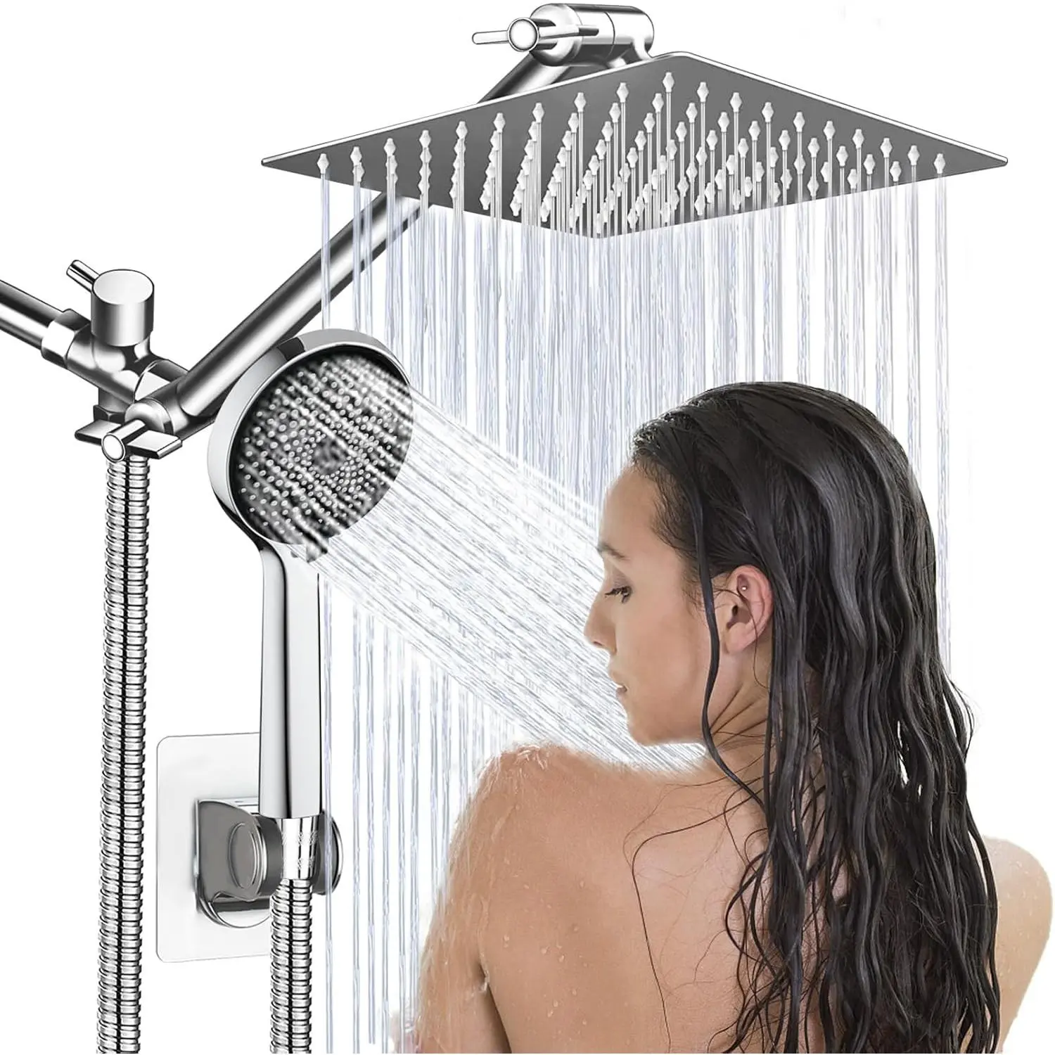 Shower ,8”Rain Shower  with Handheld  Combo with 11'' Angle Adjustable Extension Arm/Flow Regulator/Shower System,High  Rainfall Shower  Bathroom,Chrome