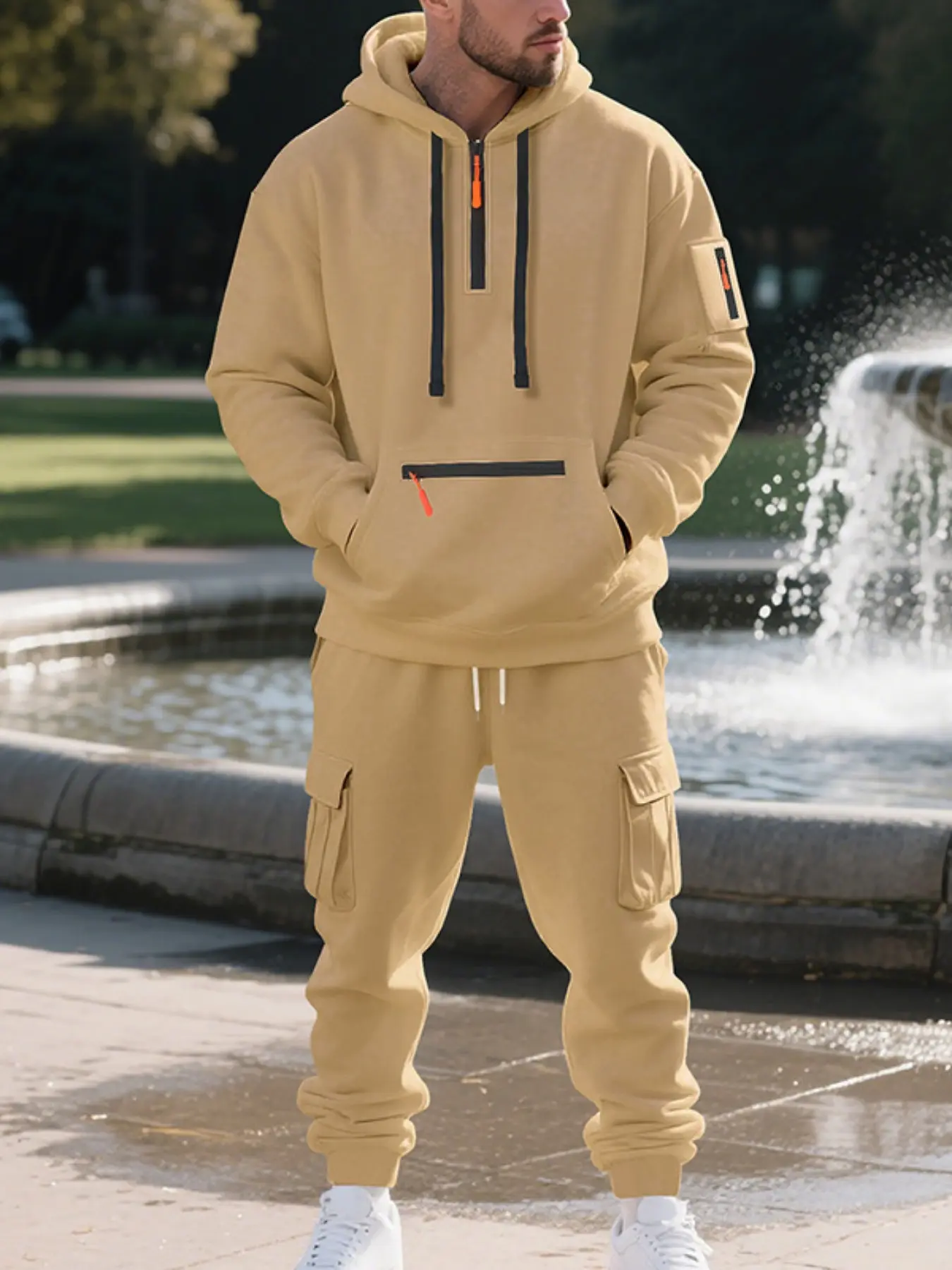Men's fleece hooded sweatshirt and cargo pants set - multiple zippers for pockets, functional style for casual sports and leisure wear, thick and warm with a loose fit, suitable for daily commuting and going out in autumn and winter, versatile for various