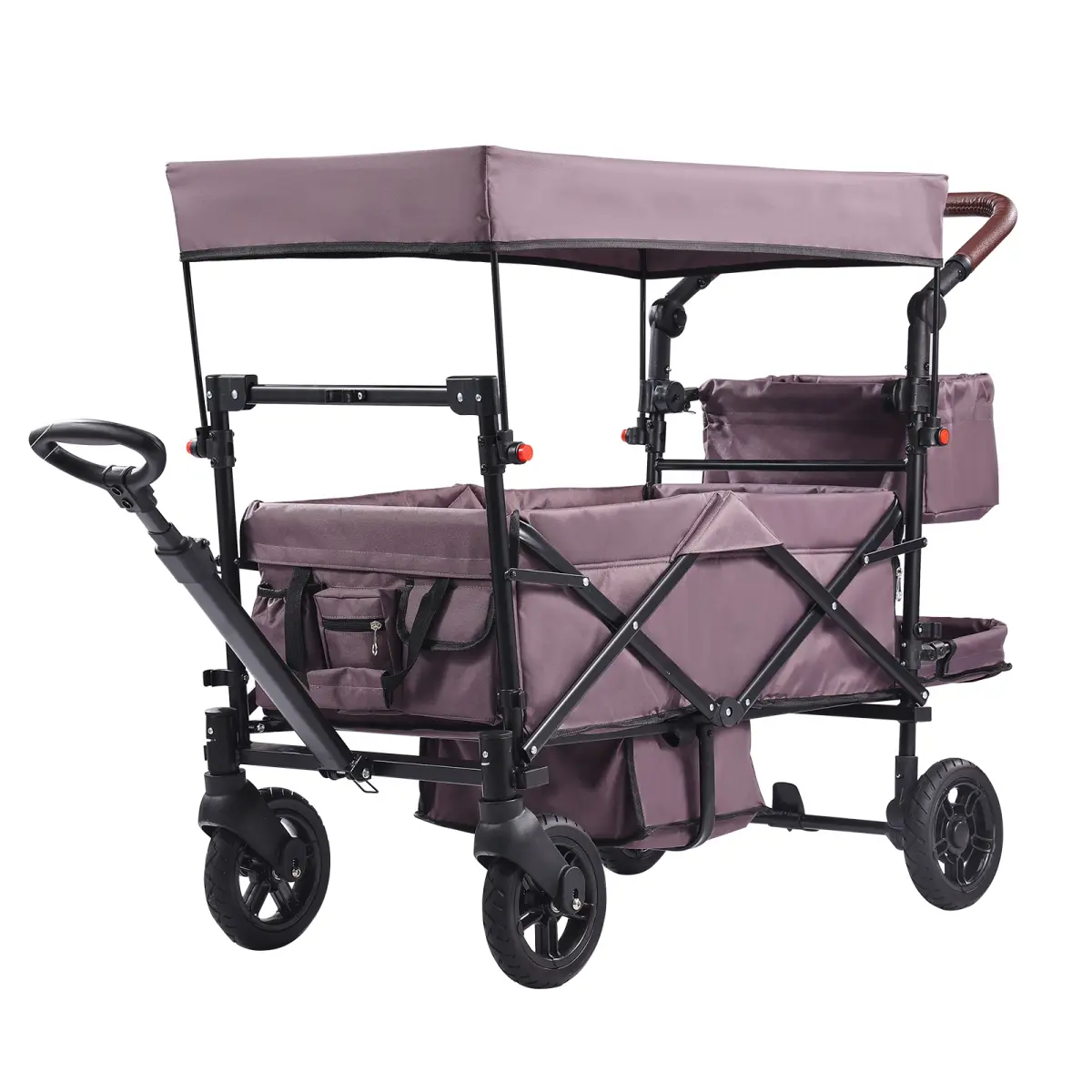 Aobtkel 2-Kid Push Pull Wagon Stroller Quad Collapsible with One-Click Fold Adjustable Handle Removable Canopy Surrounding Safety Harness 4 Brake Wheels 55lb Carbon Steel Tandem Stroller for Camping Travel Shopping Park Outdoor Dark Purple Gift