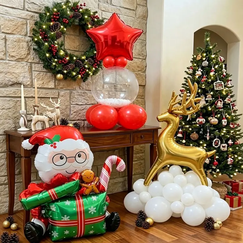 A Christmas-themed aluminum foil set,Includes a seated Santa Claus foil balloon, reindeer balloons,star-shaped balloons,Suitable for home Christmas parties,Winter Birthday Party，Courtyard Welcome Arrangement，Christmas Eve Family Gathering