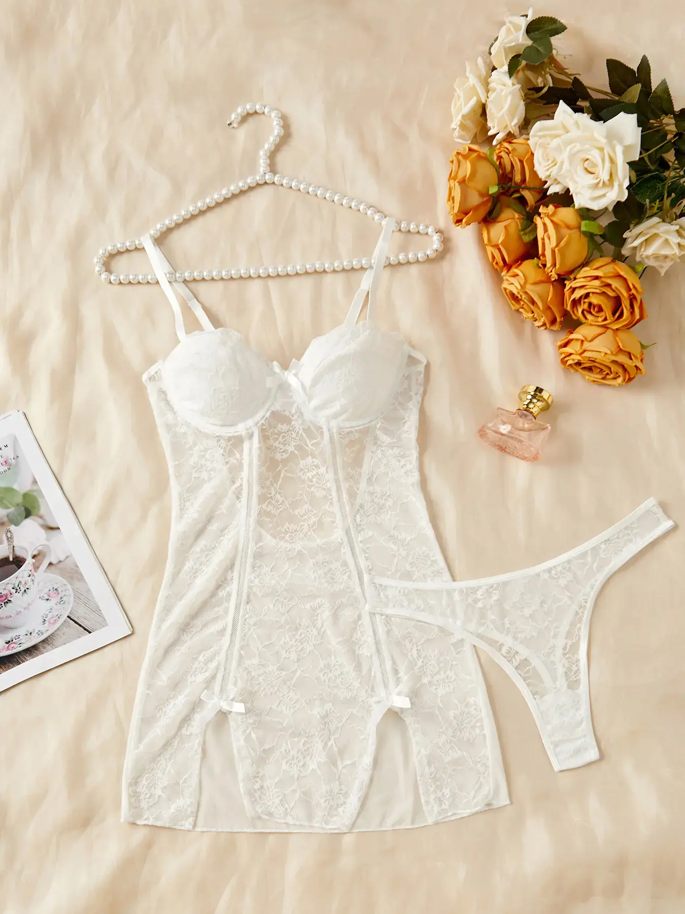 Loungewear set-Women's Sexy Heart Print Mesh Dress Set, Sheer Two-Piece, Perfect Gift, Fashionable Comfortable Design, Bow Detail Waistband Pants