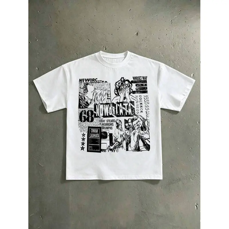 Black And White Comic Newspaper Print Retro White Short Sleeved Shirt, Y2K Style Pure Cotton Material Soft And Breathable, Summer Street Style T-Shirt