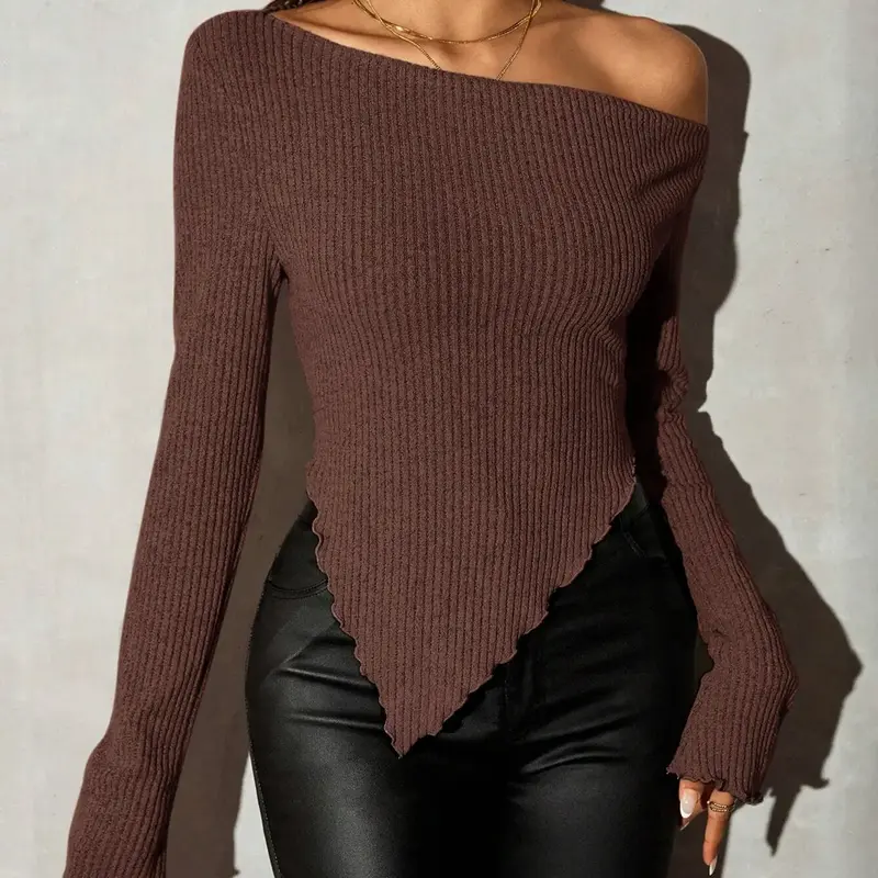 Women's Sexy Asymmetrical Neck Ribbed Knit T-Shirt, Casual Plain Top for Fall, Stylish Chic Ladies Top for Daily Wear Knitwear #GLOBAL PICKS