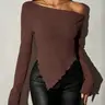 Women's Sexy Asymmetrical Neck Ribbed Knit T-Shirt, Casual Plain Top for Fall, Stylish Chic Ladies Top for Daily Wear Knitwear #GLOBAL PICKS