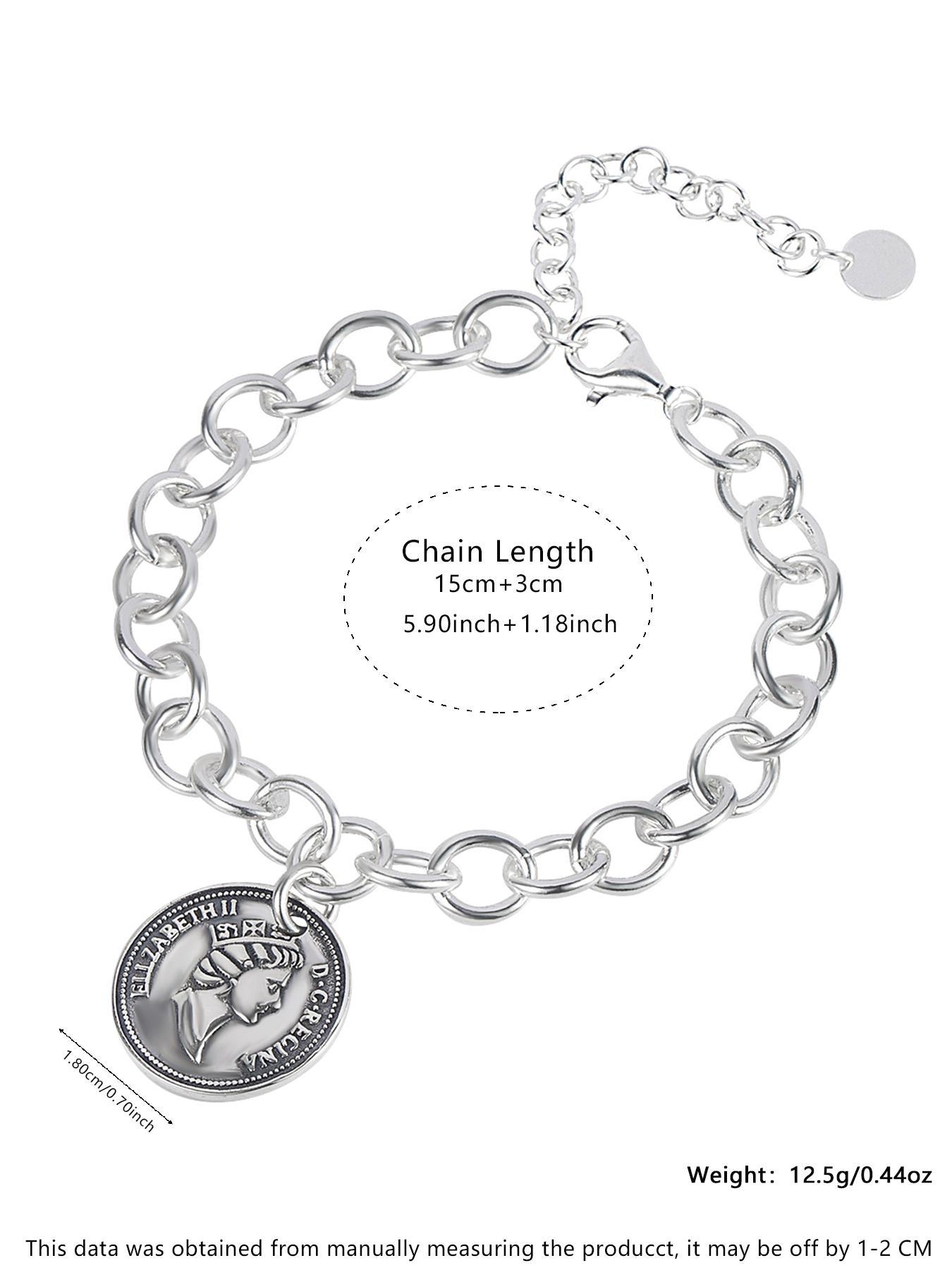 S925 Sterling Silver Vintage Queen Coin Design Bracelet with Pendant, Fashionable Chain Bracelet for Women & Girls, Trendy All-match & Exquisite Jewelry for Birthday Gift, Charm bracelets