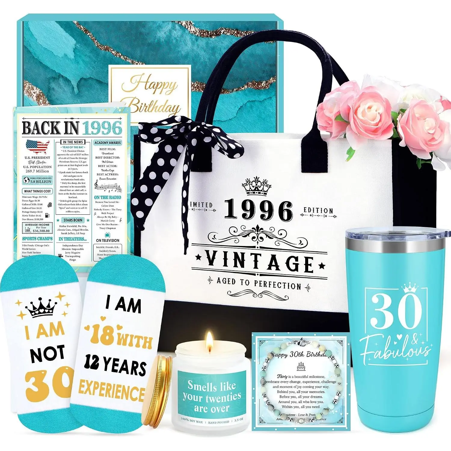 30th Birthday Gifts for Women 30 Year Old Birthday Gifts for Women  Turning 30  Woman Cool 1996  Ideas for Woman 30s Happy 30th Bday Decoration Set with Tumbler Tote Bag for Her Daughter