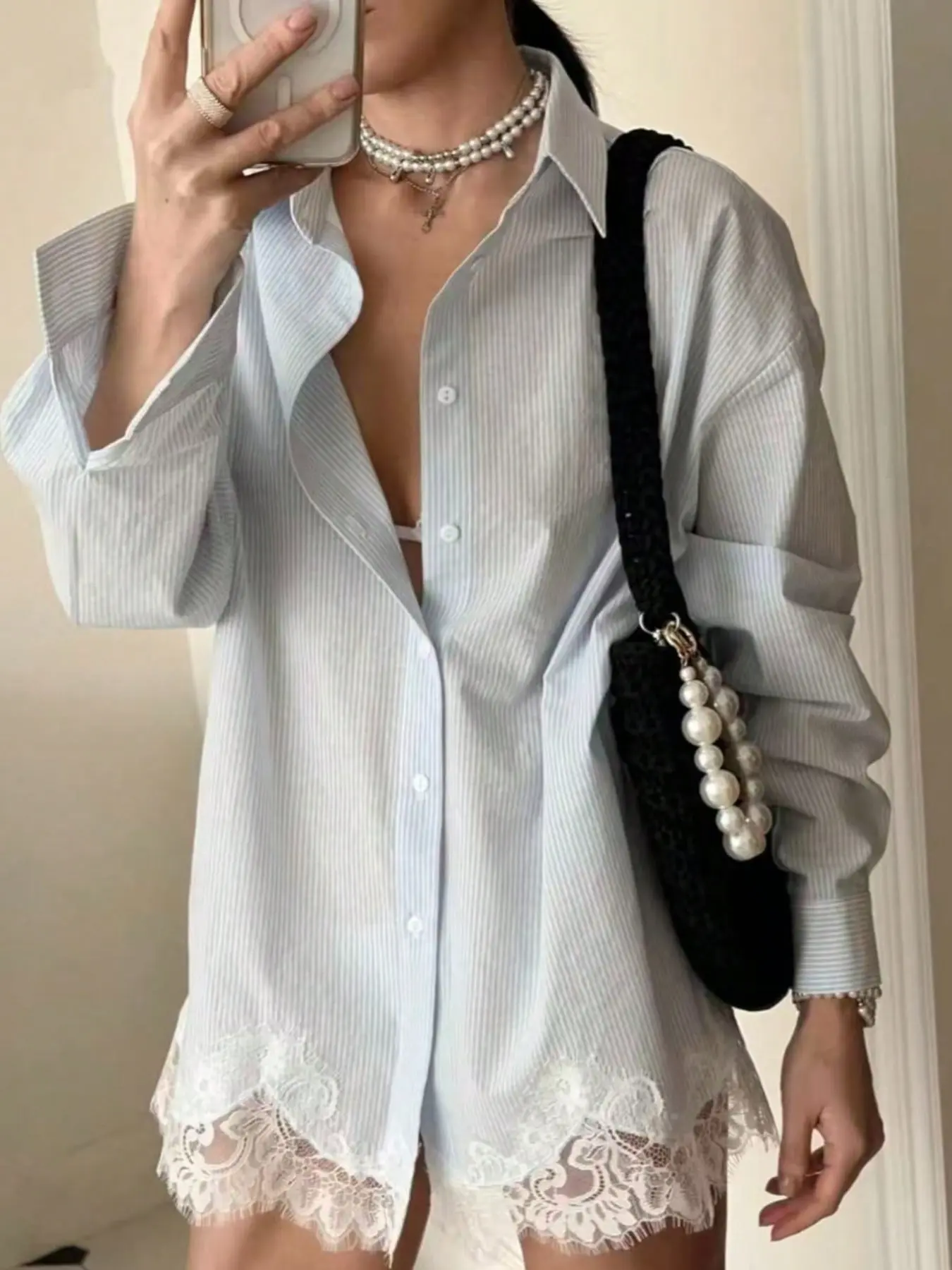 Women's Vertical Striped Loose Button Shirt, Collared Long Sleeve Button Down Blouse with Lace Hem, Lightweight Beach Cover-Up, Multiple Colors Available