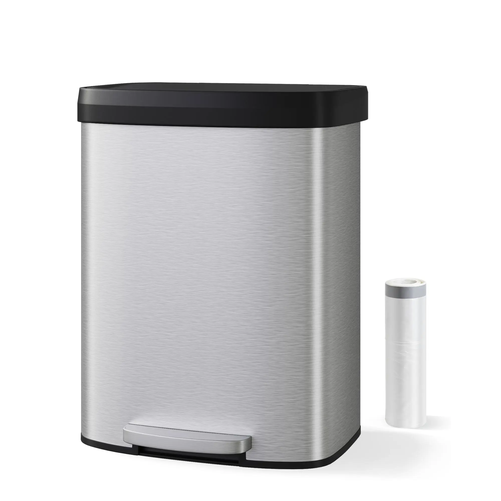 Silver 16 Gallon 60L Stainless Steel Step On Trash Can Soft Close Lid Rustproof with Inner Bucket Rim Rear Handle Large Kitchen Garbage Bin