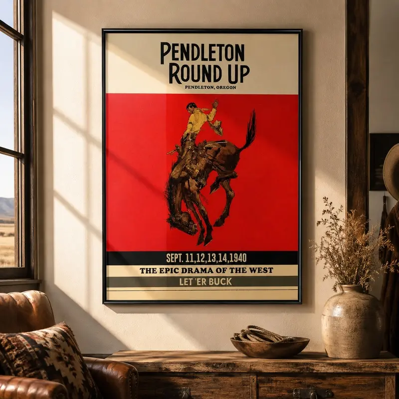 Vintage Rodeo Poster, Western Cowboy and Cowgirl Wall Art, Rustic Ranch Decor, Red Western Art Print for Living Rooms, Kitchens, and Nurseries, Farmhouse Home Decor, Glossy Poster