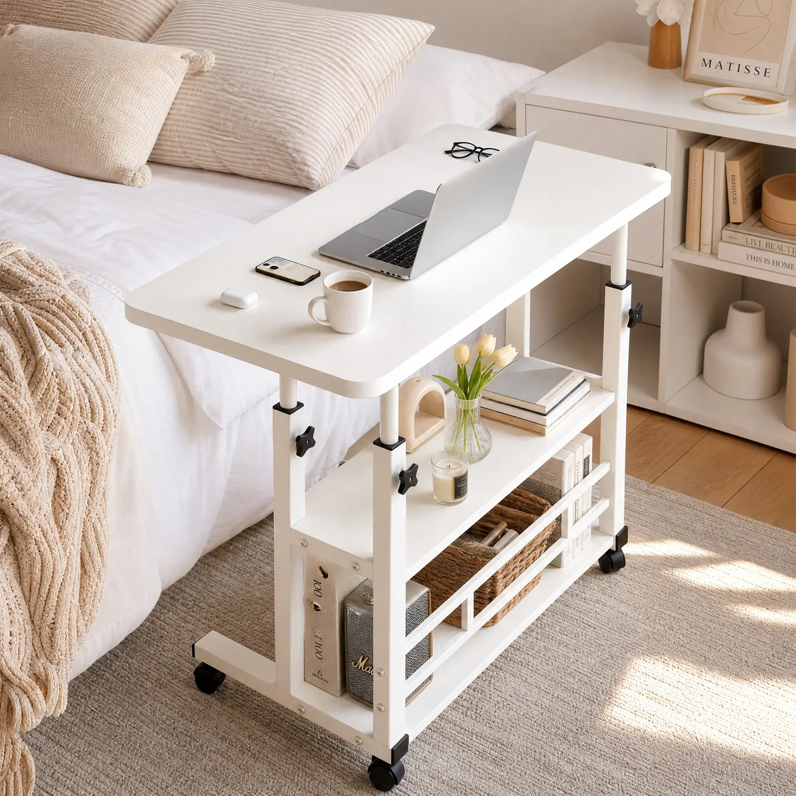 Back to School Rolling Desk with Storage, 2-Tier Shelf Computer Table, Adjustable Height Mobile Study Desk for Bedroom Dorm, Space-Saving