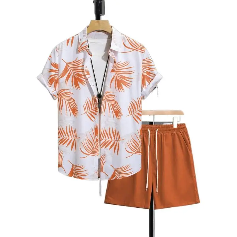 Men's 2-Piece Tropical Hawaiian Floral Print Short-Sleeve Menswear Outfit, Breathable Fabric Beach Casual Clothes (Shirt & Shorts Set), Shortsleeve, Polyester