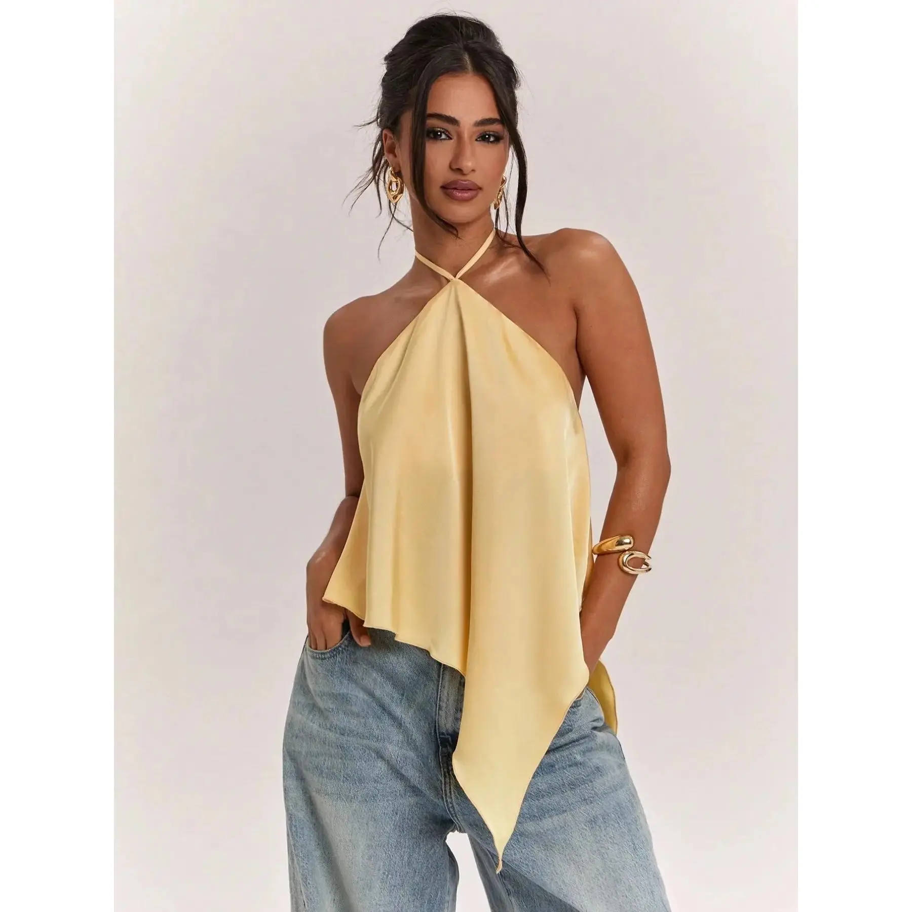 French Luxury Pale Yellow Satin Halter Neck Handkerchief Hem Cami Top Backless Loose Flowy Sleeveless Blouse, Casual, Classy, Elegant, ideal for coastal café dates, boutique shopping, rooftop dinners, and summer daily looks