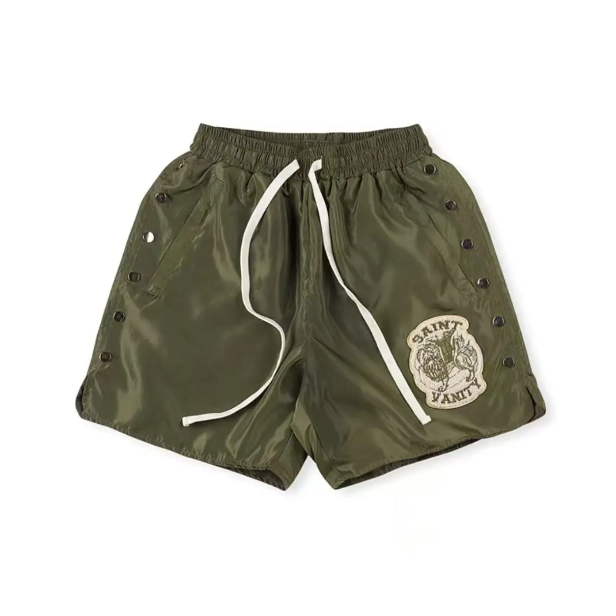 SAINT VANITY Cotton Streetwear Shorts for Men & Women, Y2K Baggy Gym Shorts with Side Snap Button Detail, Lion Patch Graphic Drawstring Summer Casual Athletic Running Shorts, Unisex Loose Fit Urban Skatewear Shorts
