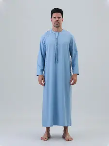 Light Blue Embroidered Fringe Men's Muslim Robe, Breathable Loose Fit Arab Prayer Dress, Casual Daily Wear, Eid Gift