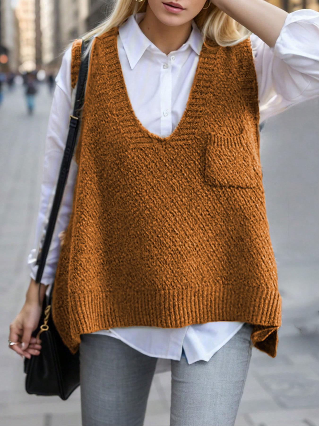 Women's Solid Pocket High Low Hem V Neck Sweater Vest, Casual Sleeveless Jumper Vest for Daily Wear, Ladies Knitwear for All Seasons, Chic Elegant Vest