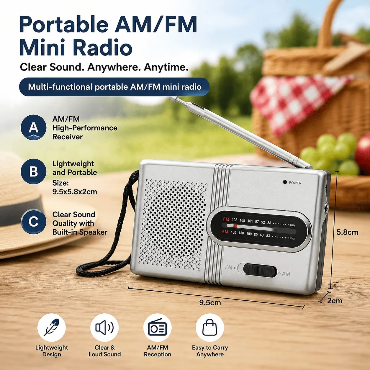 Portable AM/FM Radio Speaker with Hi-Fi Stereo Sound, Compact for Travel Camping Home. Bluetooth Music Player, Broadcast Receiver, Universal Audio Device, Perfect Holiday Gift Idea.