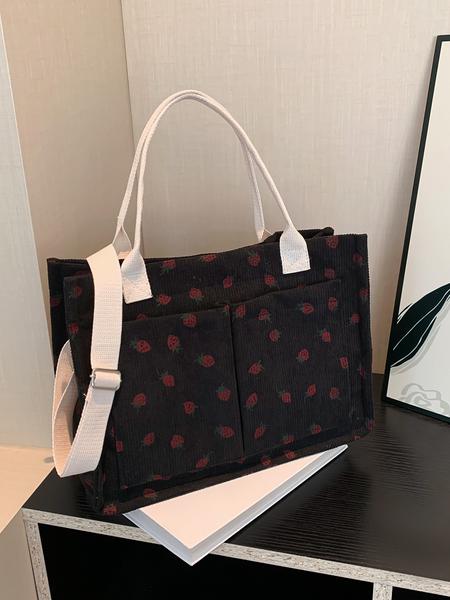 Small fresh strawberry print canvas tote bag for women Strawberry Themed Bag Large capacity multi-pocket shoulder bag Fashionable and versatile student bag Can hold mobile phones and cosmetics to meet the capacity needs of daily commuting and shopping