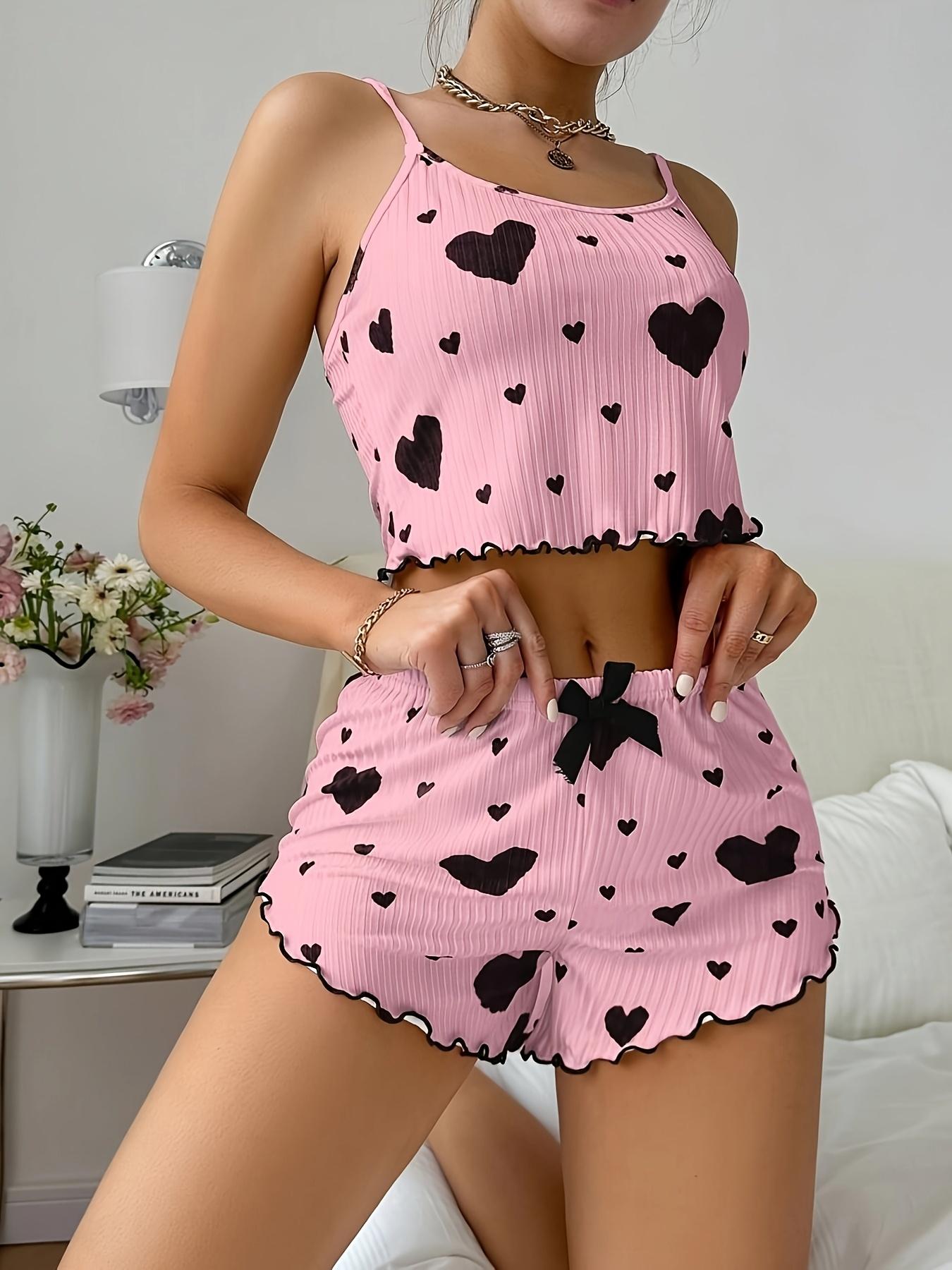 Casual Sleepwear Sets, Heart-Shaped Printed, Spaghetti Strap, Ruffle, Short Sets, Polyester 95% Elastane 5%, 180g/m², for Valentine'S Day Gift,  All-Season