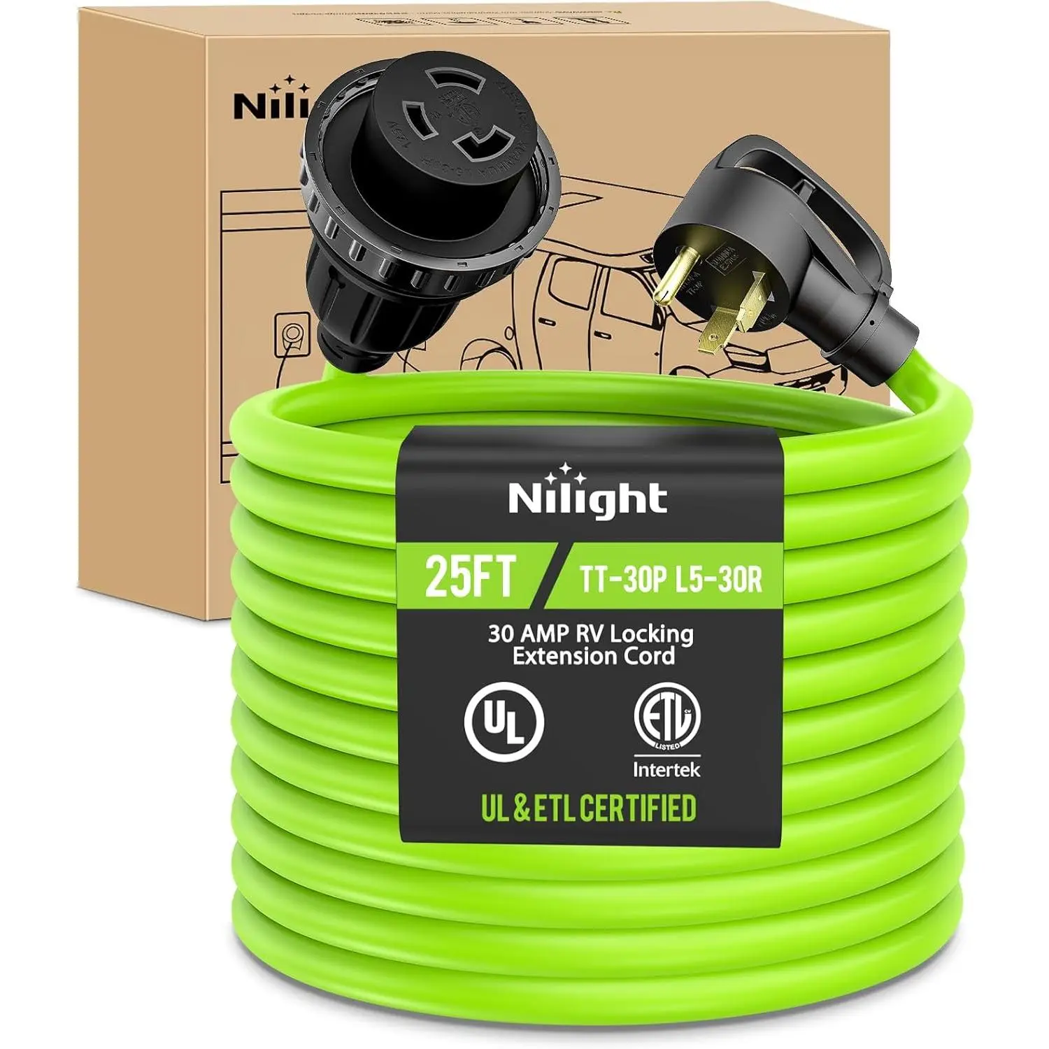 Nilight 1 x 25 ft 30amp RV Locking Extension Cord with 1 x Cord Organiser, 125V Heavy-Duty 10/3 Gauge Pure Copper STW Wire, UL ETL Listed 3-Prong TT-30P L5-30R, Outdoor Weatherproof for Camper, Caravan, Generator, 30 Amp