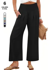 Women Casual Crinkle Textured Lounge Pants, High Waist Smocked Elastic Waist, Loose Wide Leg Trousers with Side Pockets, 6 Colors S-Xxl