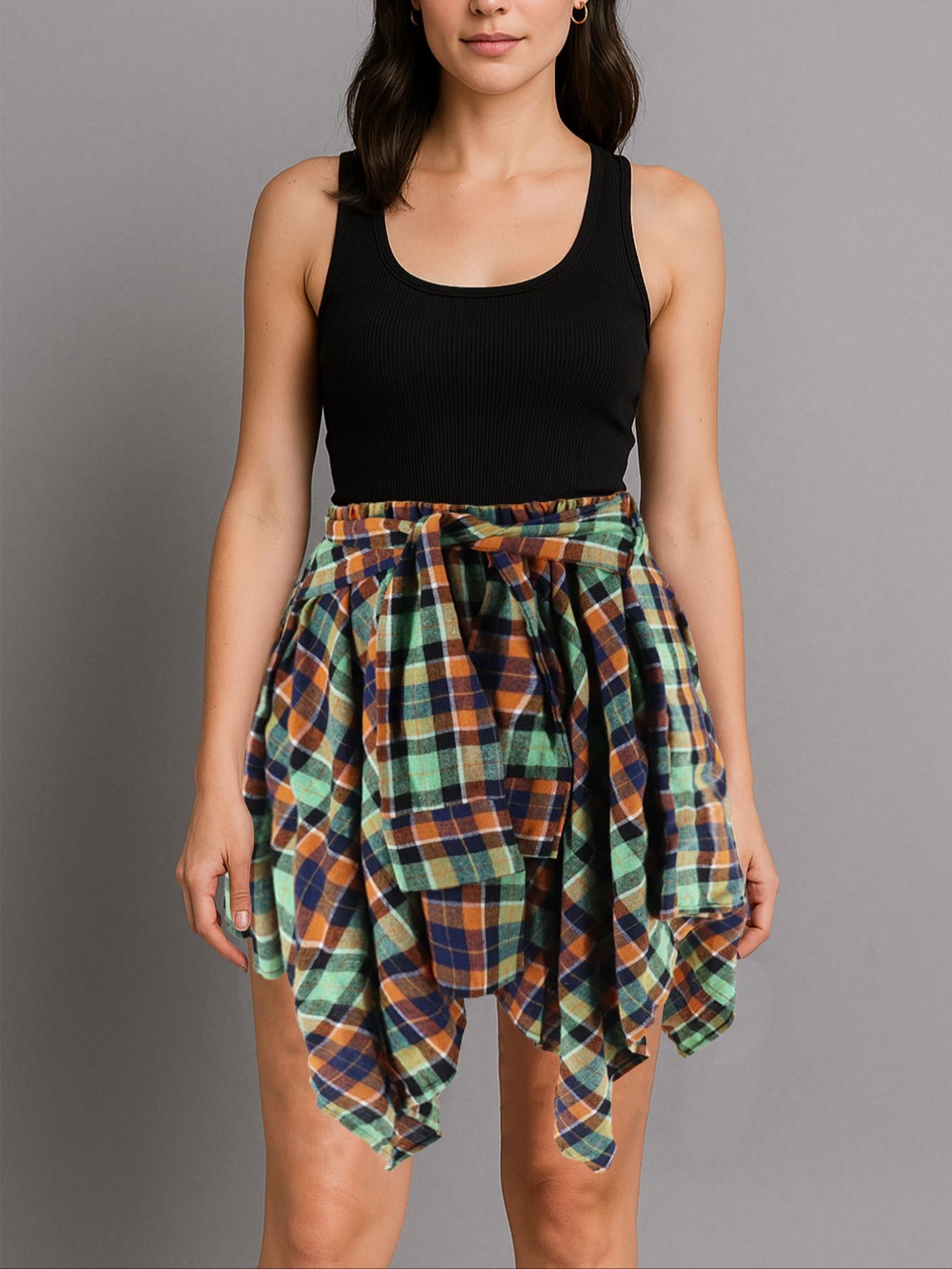 Women's Plaid Print Tie Front A Line Skirt, Casual Asymmetrical Hem Skirt for Summer, Women's Bottoms for Daily Wear, Casual Fitted Skirt