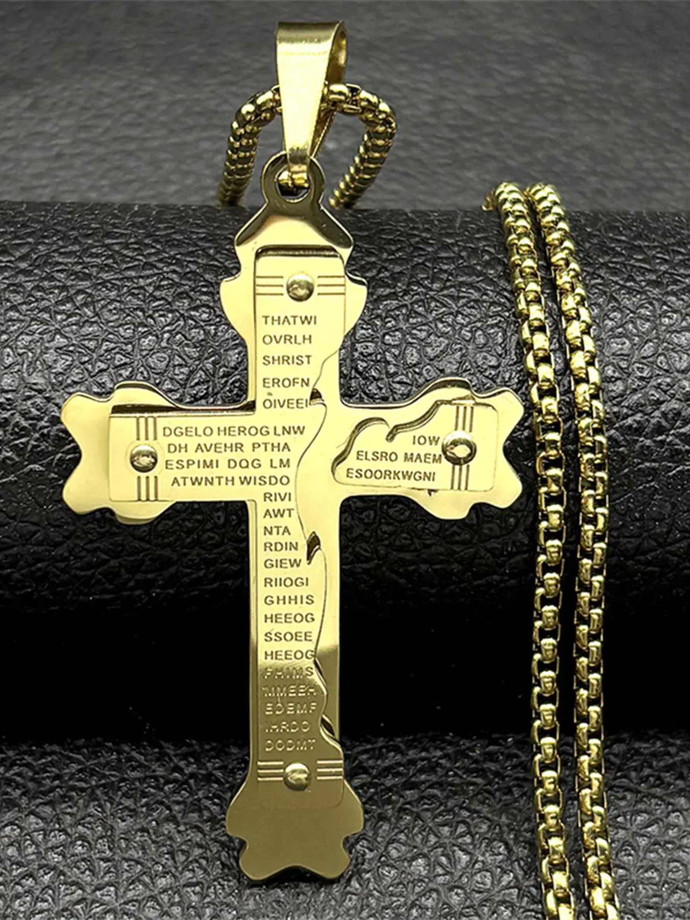 Spanish Bible Lord's Prayer Cross Pendant Necklace for Women Men Stainless Steel Gold Color Religious Scripture Chain