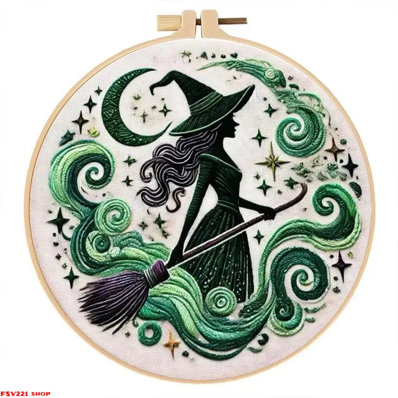 Magical Witch Embroidery Kit – DIY Needlework Set for Beginners Halloween Craft Project with English Guide Handmade Sewing Kit for Creative Fun & Spooky Home Decor