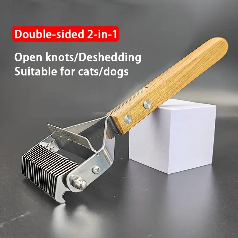 2-in-1 Pet Grooming Tool - Detangling Comb and Deshedding Brush for Long and Medium Coat - Stainless Steel with Ergonomic Wooden Handle - Removes Tangles, Loose Hair and Undercoat Gentle for Cats and Dogs
