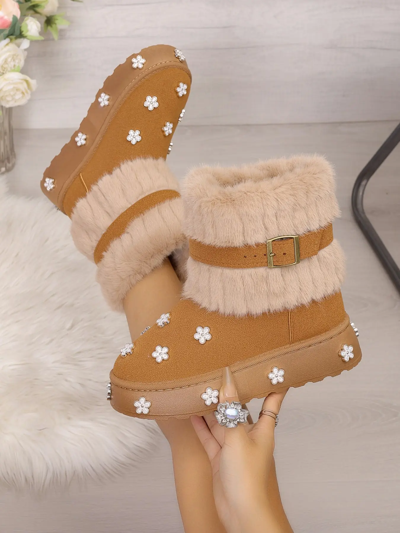 Women’s Plush Faux Fur Mid‑Calf Snow Boots, Floral Rhinestone Decor Platform Winter Warm Buckle Boots for Daily Outdoor Wear #WinterBoots #WomenBoots #WinterFashion #TikTokShopFinds #PlatformBoots #FauxFurBoots #CuteSnowBoots #RhinestoneShoes #OOTDWinter