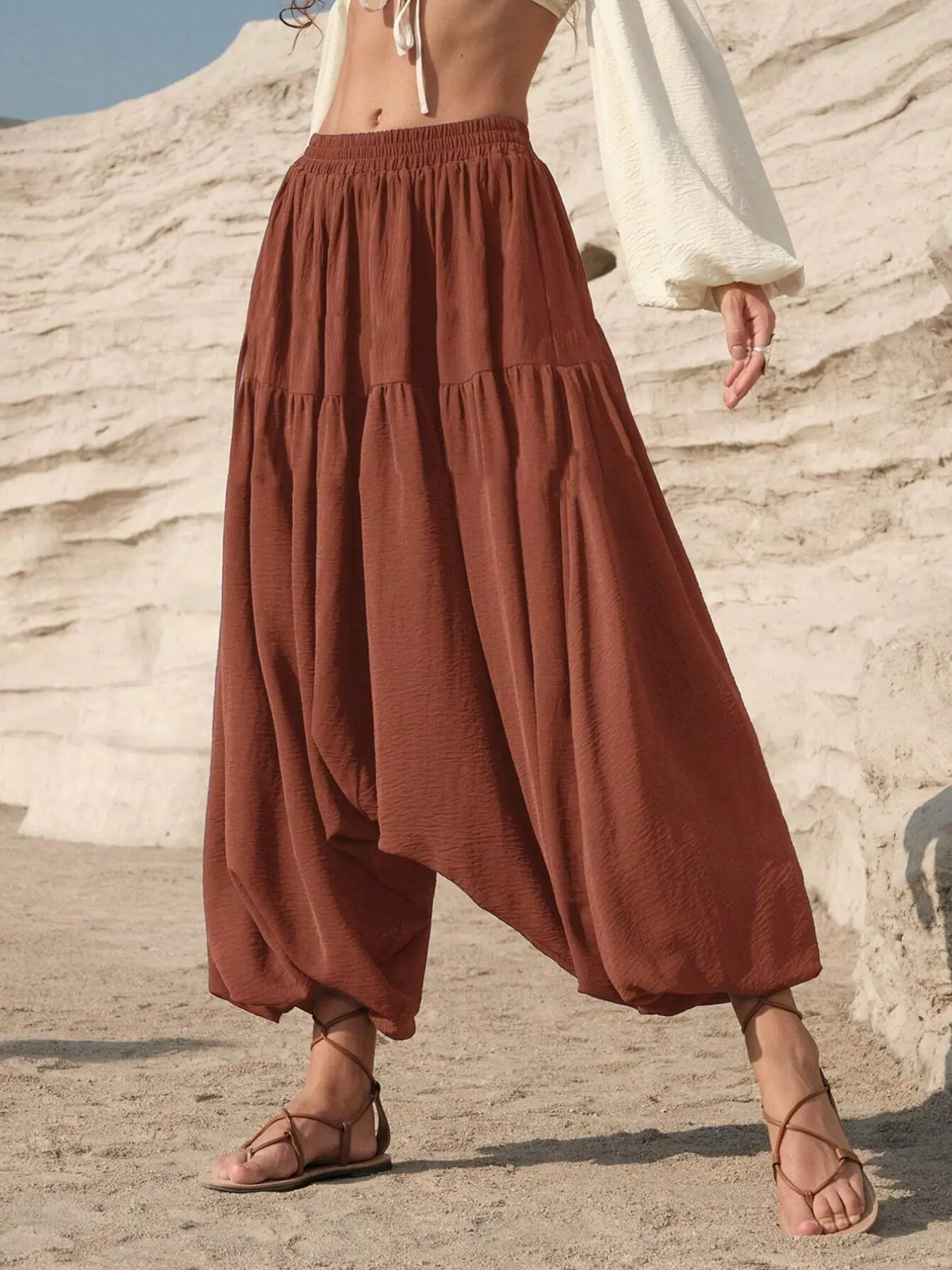 Women's Spring Fall Casual Solid Color High Waist Boho Vacation Pants, Loose Fit Harem Lantern Pants, Ideal for Travel and Daily Wear