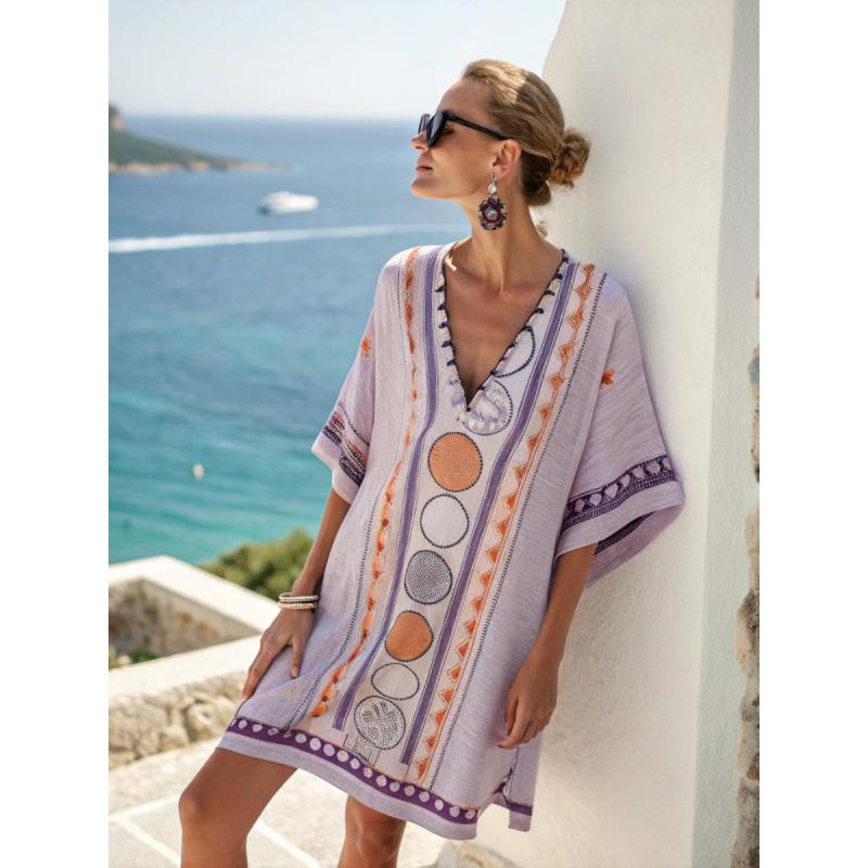 2026 New Hot-Selling Beach Vacation Style V-Neck Bohemian Printed Loose Beach Dress Vacation Style