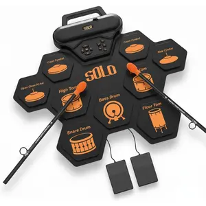 Portable  Roll-Up Drum Set - 9-Pad Rechargeable Roll-Up MIDI Drum Pad with Handy Carry Handle, -In Speakers, Headphone Jack, Sticks Foot Pedals