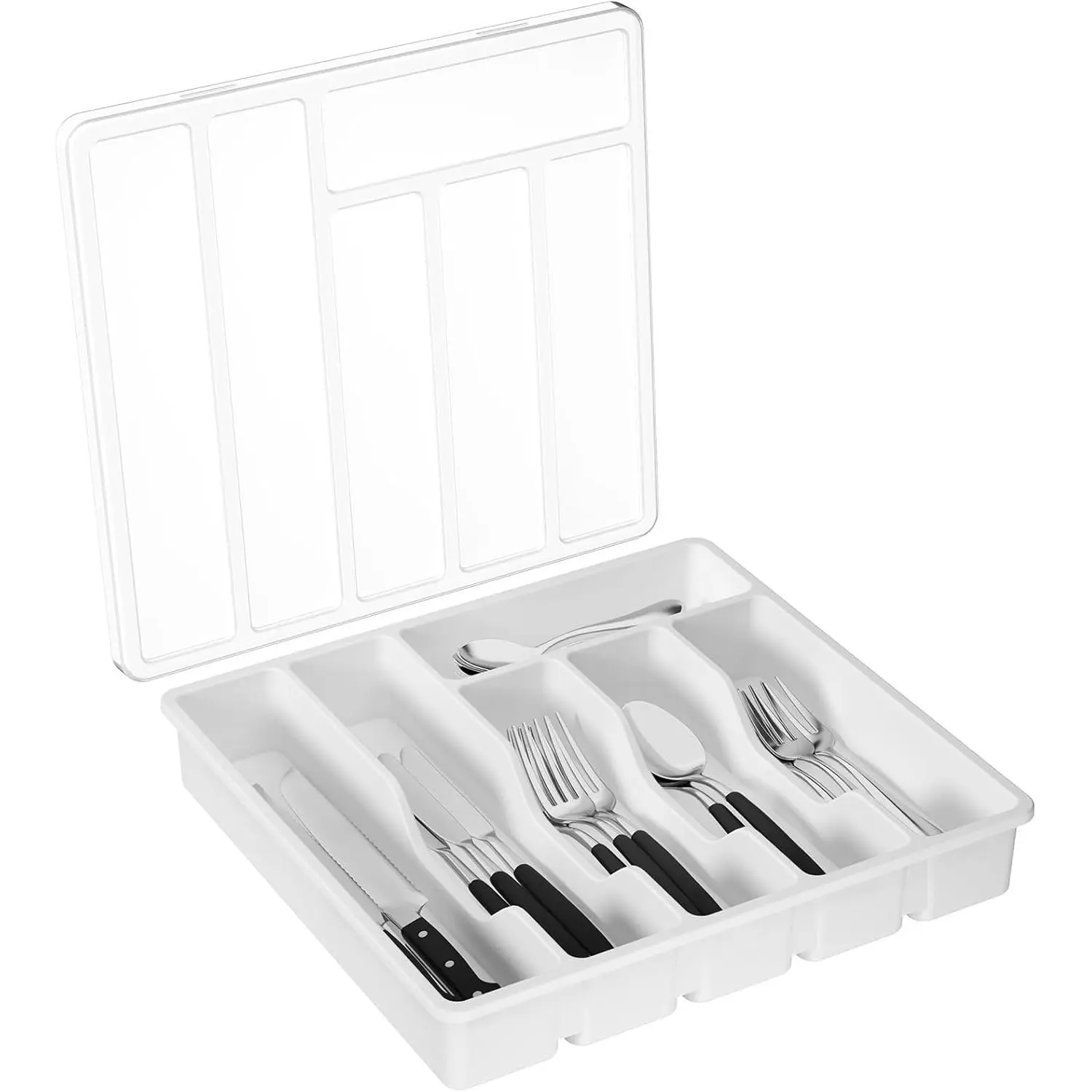 Silverware Organizer with Lid, Covered Utensil Tray for Kitchen Drawer and Countertop, Plastic Cutlery and Flatware Storage Box for Spoons Forks Knives Holder Case, 12.6x11.8", White