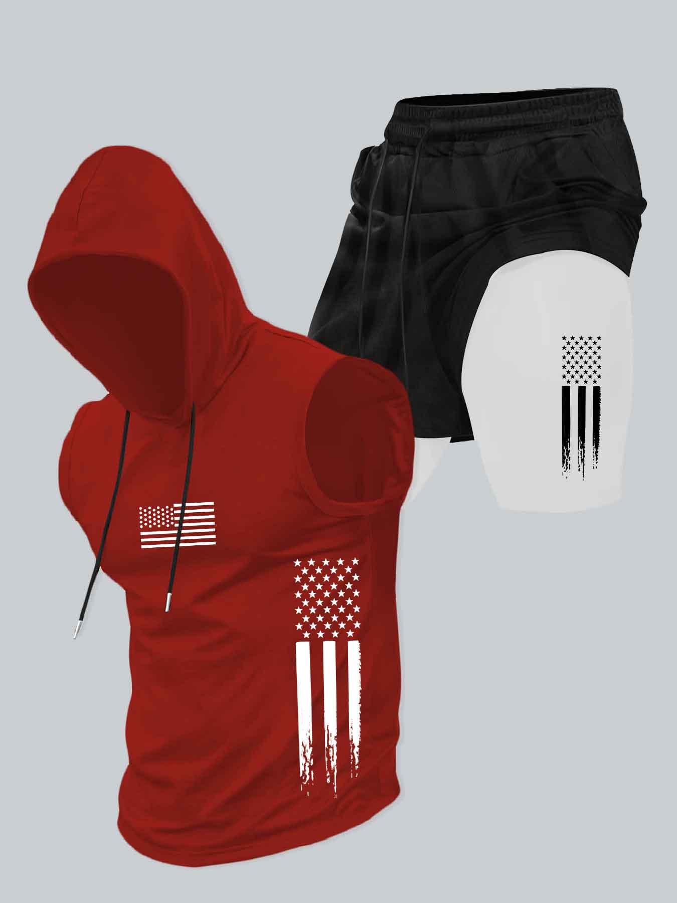 Two-Piece Set Men's American Flag Print Hooded Tank Top & Shorts Set, Regular Fit Casual Athletic Fashion Activewear Sleeveless Top & Shorts, Men's Summer Clothes