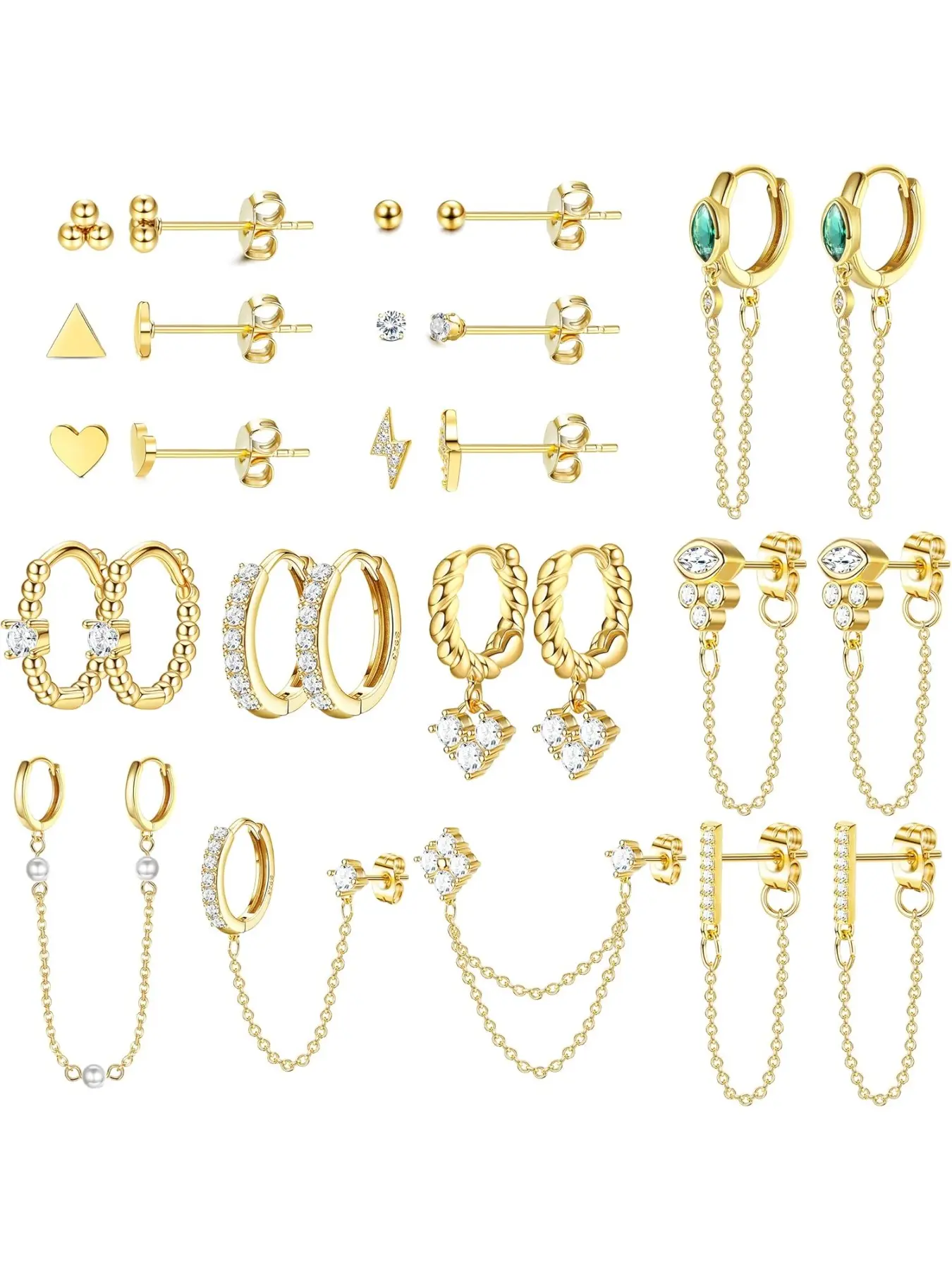 27 PCS Dainty Gold Casual Earrings Set for Women Gold Plated Stud Huggie Hoop Earring Sets for Multiple Piercing Hypoallergenic Surgical Steel Small Dangle Chain Cartilage Earrings Stacks Pack Dangling Earrings
