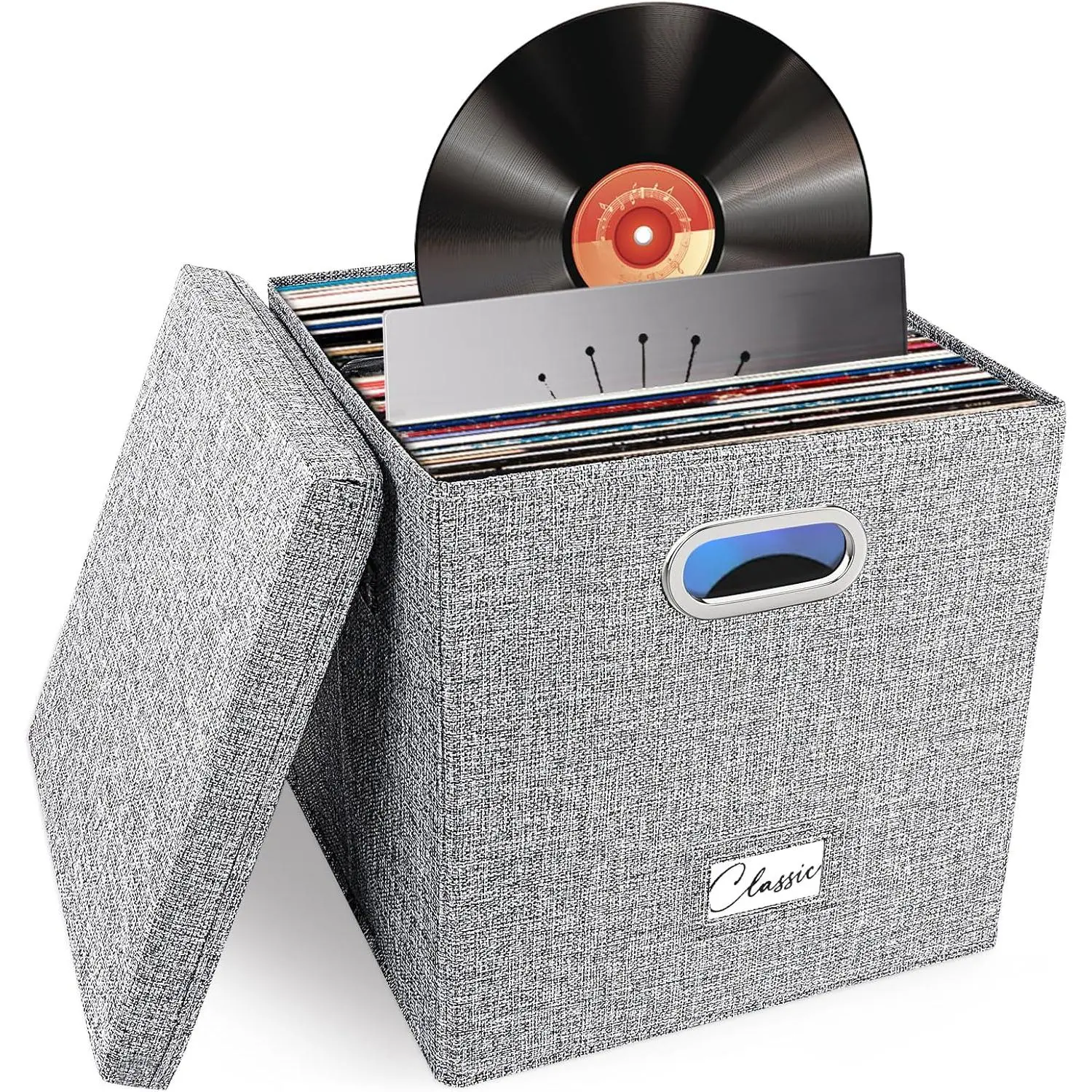 Vinyl Record Storage Box for 50+ Single LPs (12-Inch), Stackable Albums Linen Crate with Lid, Collapsible Play Music Collection Holder, Document File Folder Cabinet Organizer Case with Handle