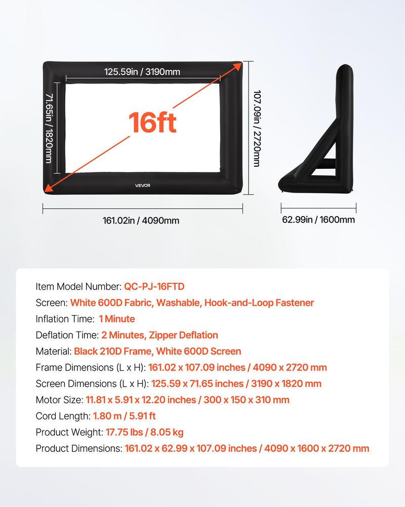 VEVOR 16FT Inflatable Projector Screen, Inflatable Movie Screen Outdoor with 250W Air Blower Projector Screen Oxford Fabric Material Blow Up Screen for Outdoor Backyard, Home Theater, Theme Party