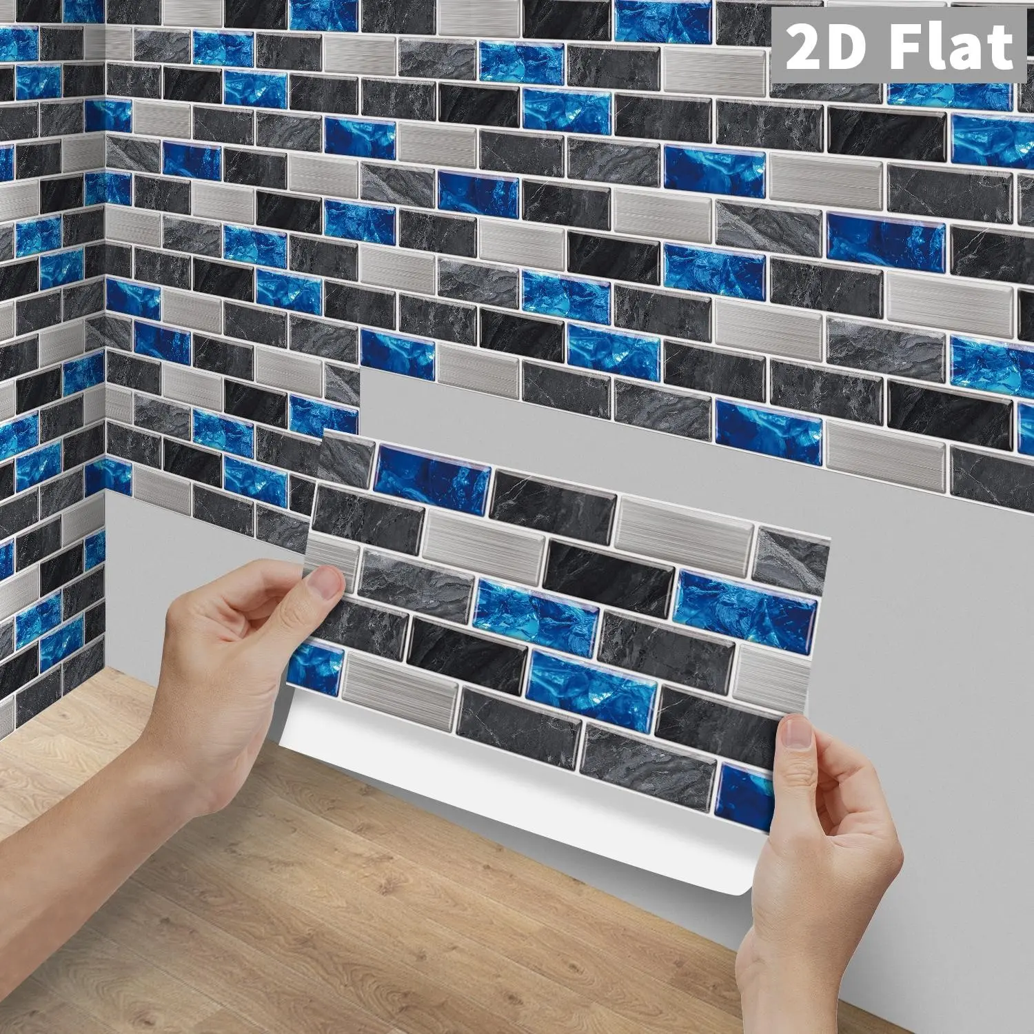 6/12/24/48PCS FG Blue Marble Mosaic Tile Stickers, PVC Crystal Film, Peel & Stick Waterproof Oilproof, for Kitchen Bathroom Floor Wood Home Decor