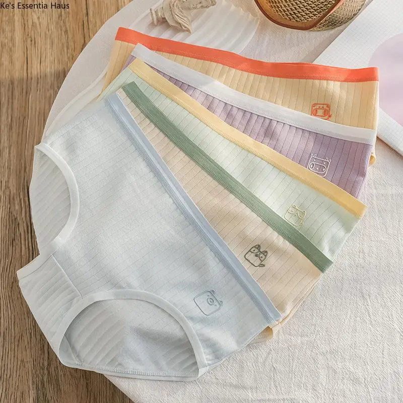 Women's 5PCS Ribbed Cotton Briefs - Embroidered Cute Cartoon Animal, Stretchy Waist Mid-Waist, Soft Breathable Multi-Colors Daily Wear Underwear Set
