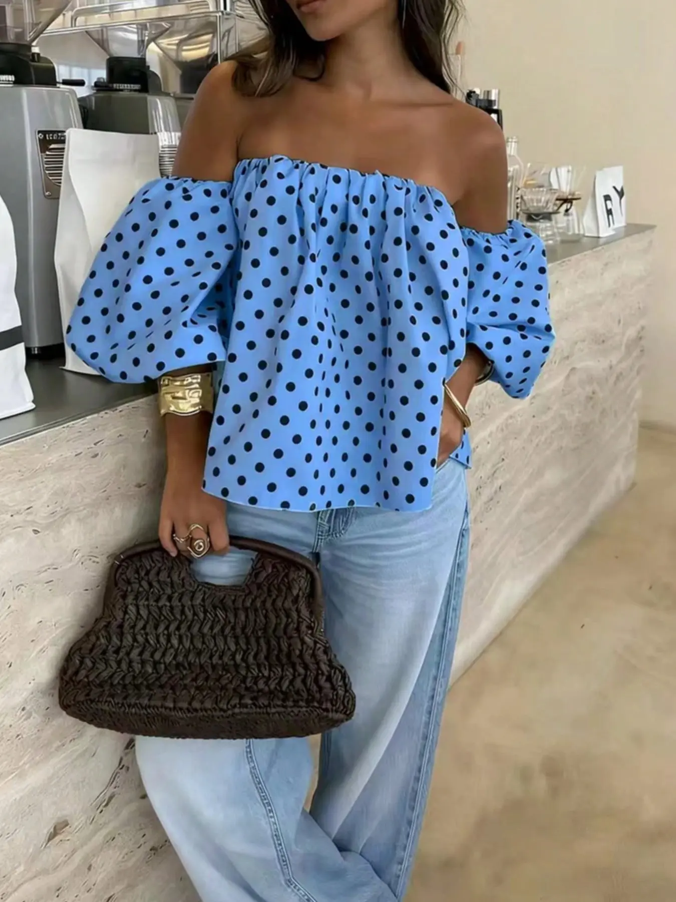 Polka Dot Off-Shoulder Bubble Sleeve Summer Short Top Blouse, Ruched Design, Contrast Color Flounce, Beach & Daily Wear, Spring/summer