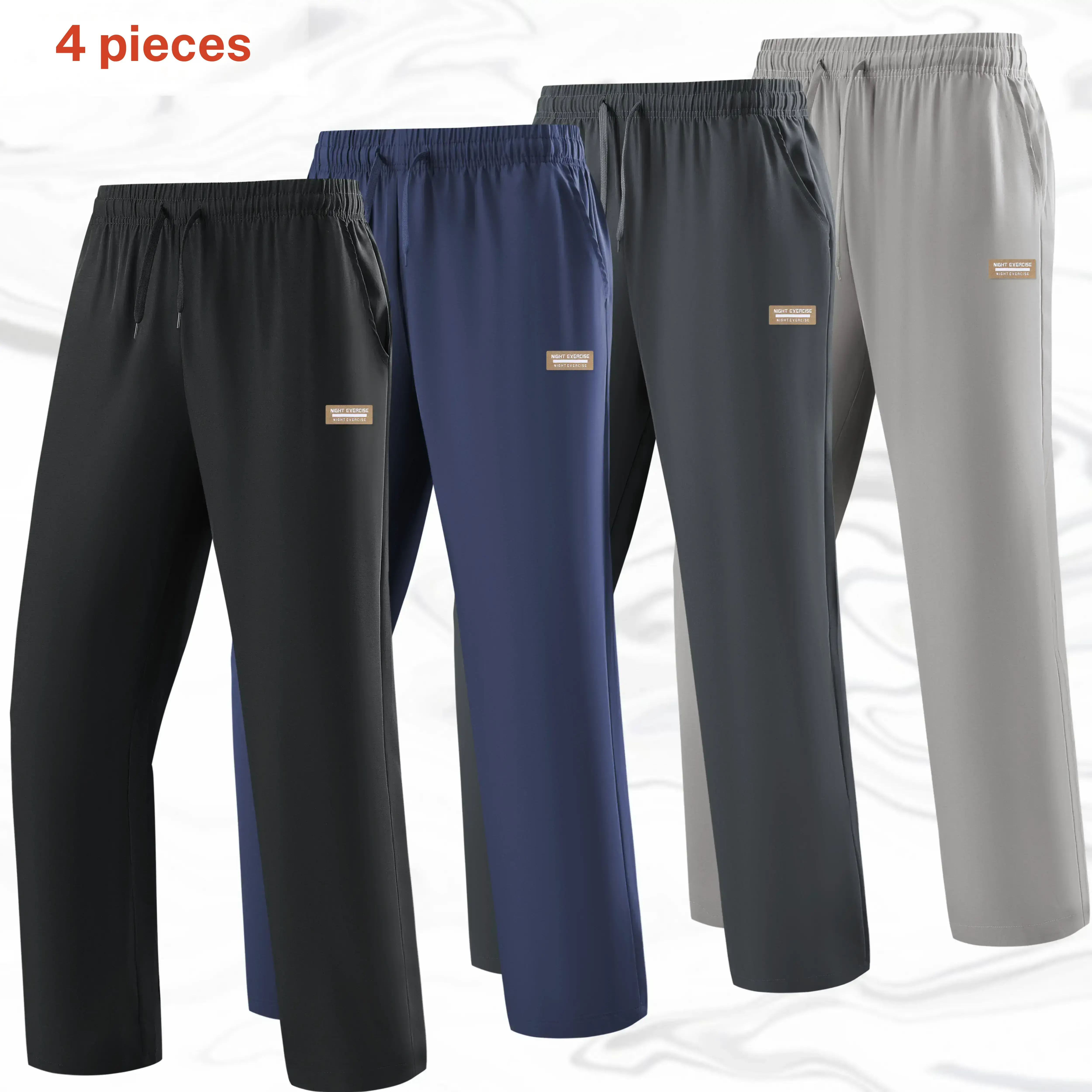 Four piece men's pants with labels, featuring a casual and simple style. The small side label adds delicate details, while the drawstring waistband allows for convenient adjustment. The fabric is smooth and skin friendly, providing a loose and comfortable