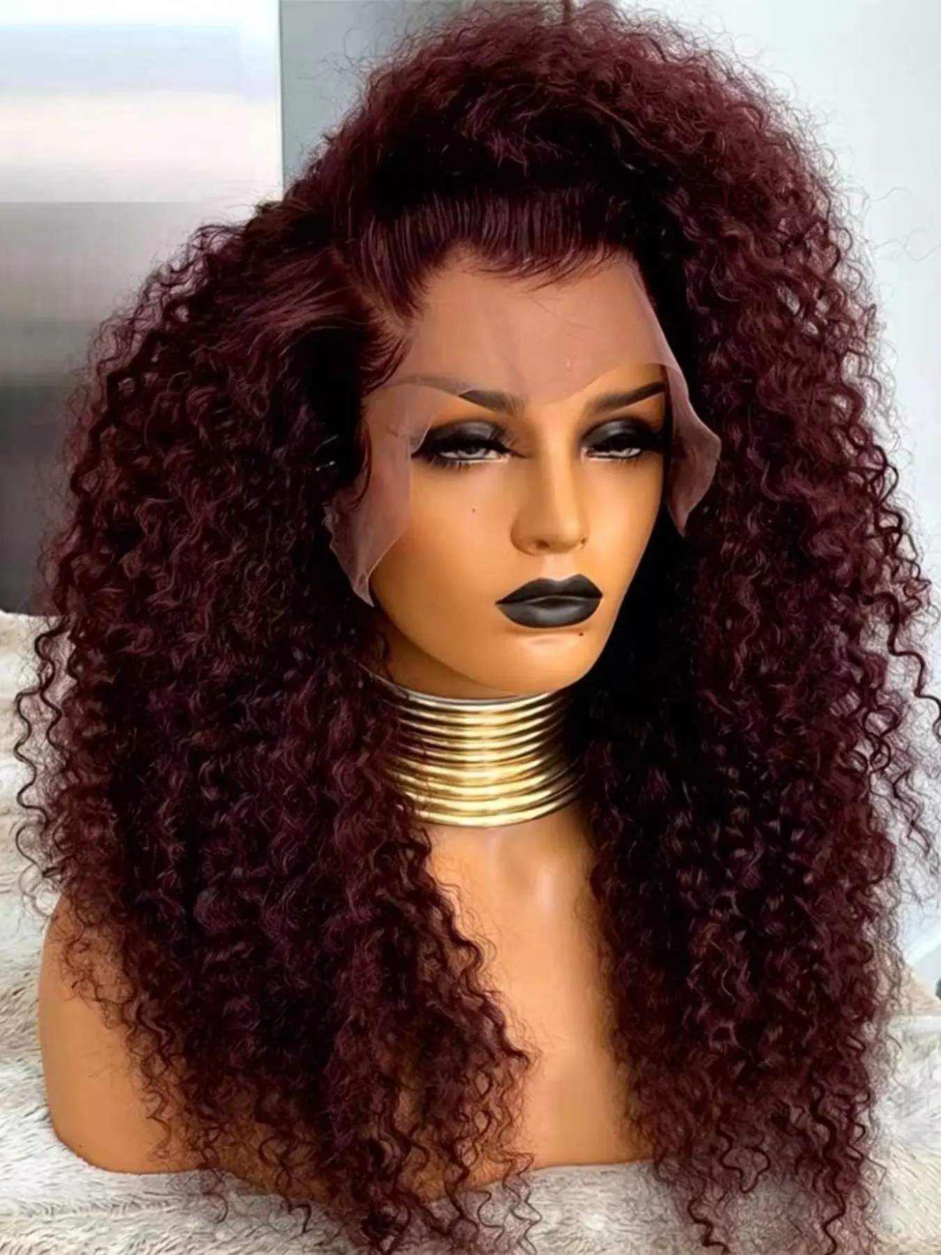 99J burgundy Color 26Inch Long Wine Red Color Kinky Curly Wigs 180%Density Soft Glueless Heat Resistant Comfortable Wear Black Women's Daily Wigs With Baby Hair