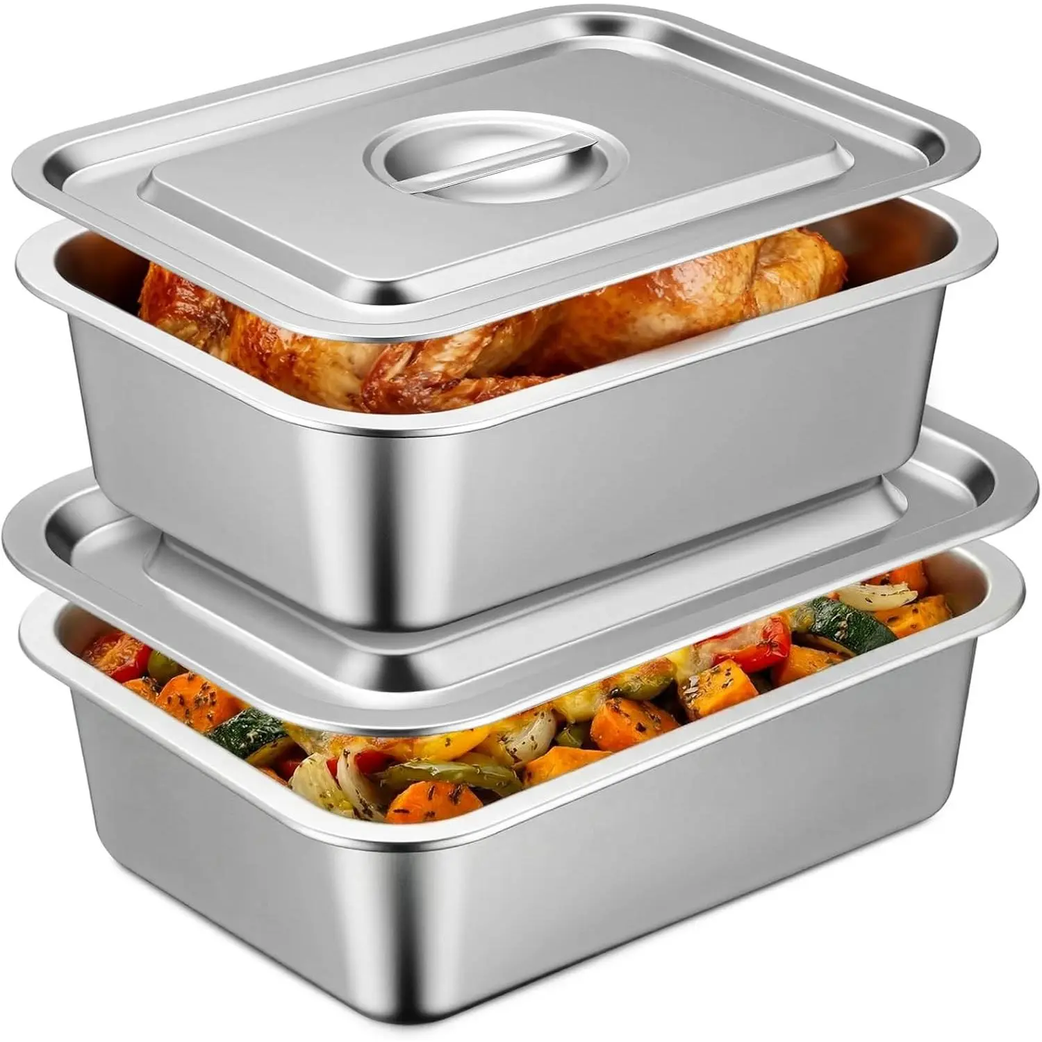 2 Pack 4 Inch Extra Deep Lasagna Baking Pan with Lid 11.8"x15.7" 9.2qt&11"x14.2" 7.4qt Rectangular Large Stainless Steel Nonstick Roasting Pans Set Deep Baking Dishes for Oven