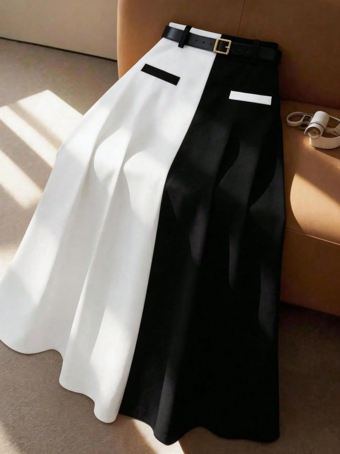 Plus Size Women’s Black and White Contrast Belted A-Line Skirt, Minimalist Elegant Formal Work Midi Skirt for Office, Business, Wedding Guest and Casual Wear